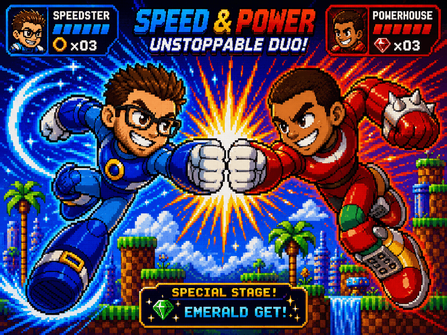 Leonardo and Pedro pixel-art tag team — Speedster and Powerhouse